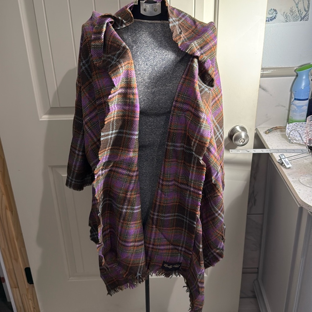 Really Wild london, wool scarf purple, rust, brown green 28 inches by 84 inches